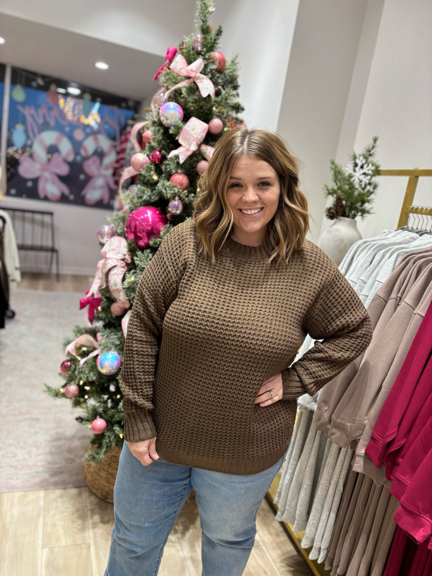 Brown Plus Waffle Sweater