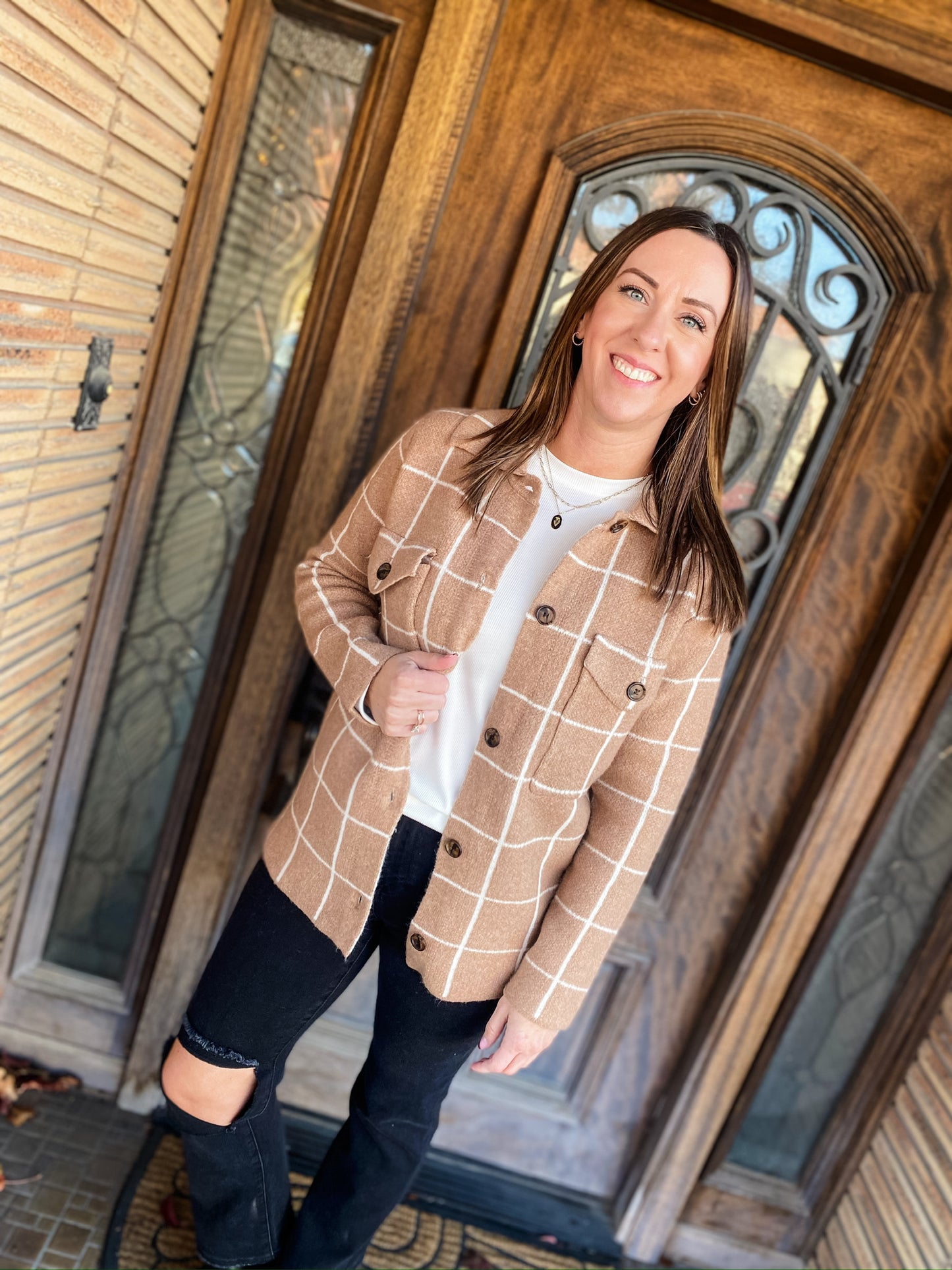 In My Zone Camel Checkered Cardigan Jacket