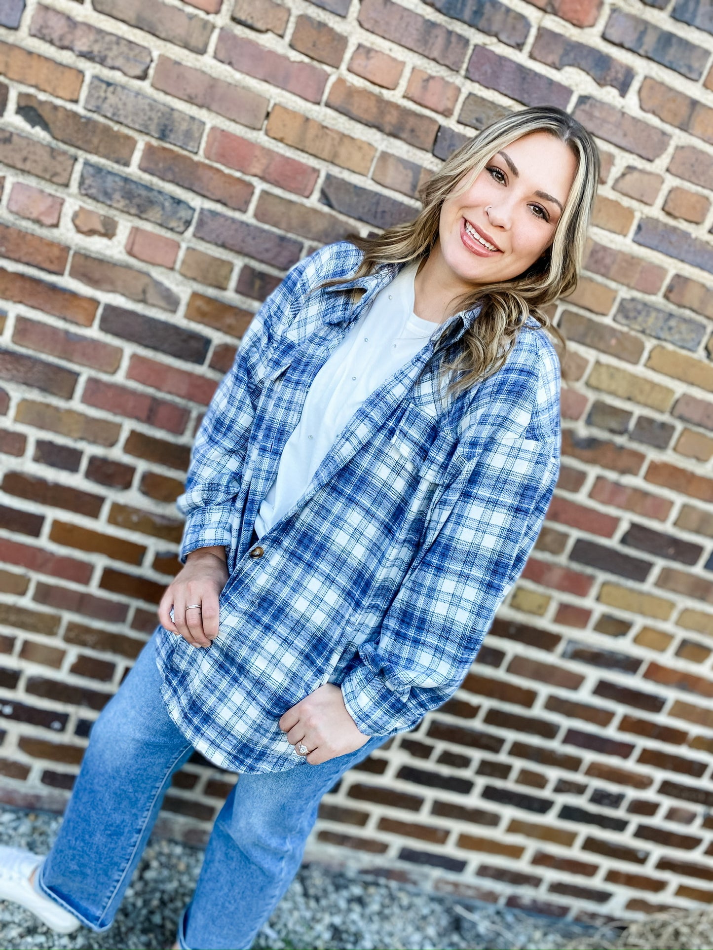 The Hadley Navy Curvy Plaid Shacket