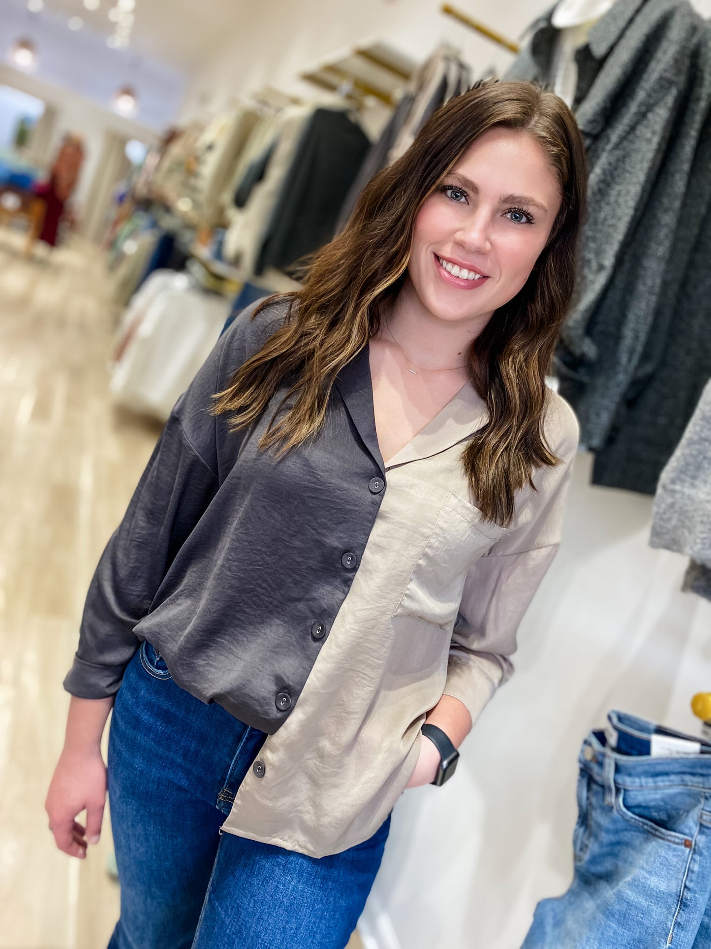 Midnight Attire Two Tone Silk Charcoal Top