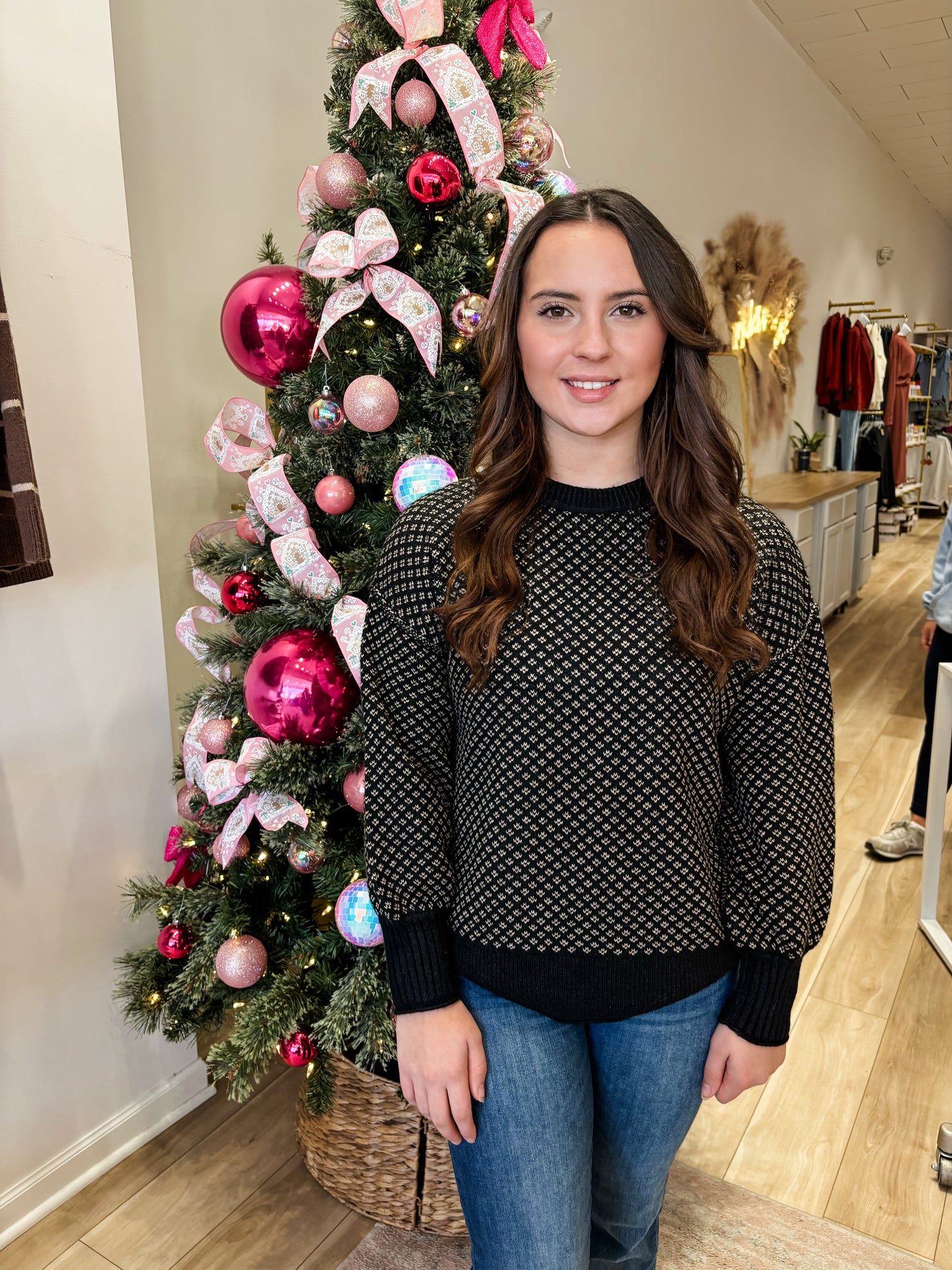 Black Mini Jacquard Crew Sweater