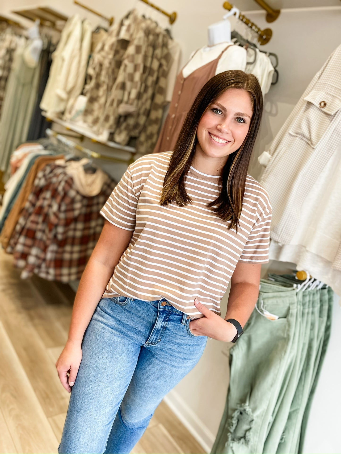 Keep on Going Taupe Striped Tee