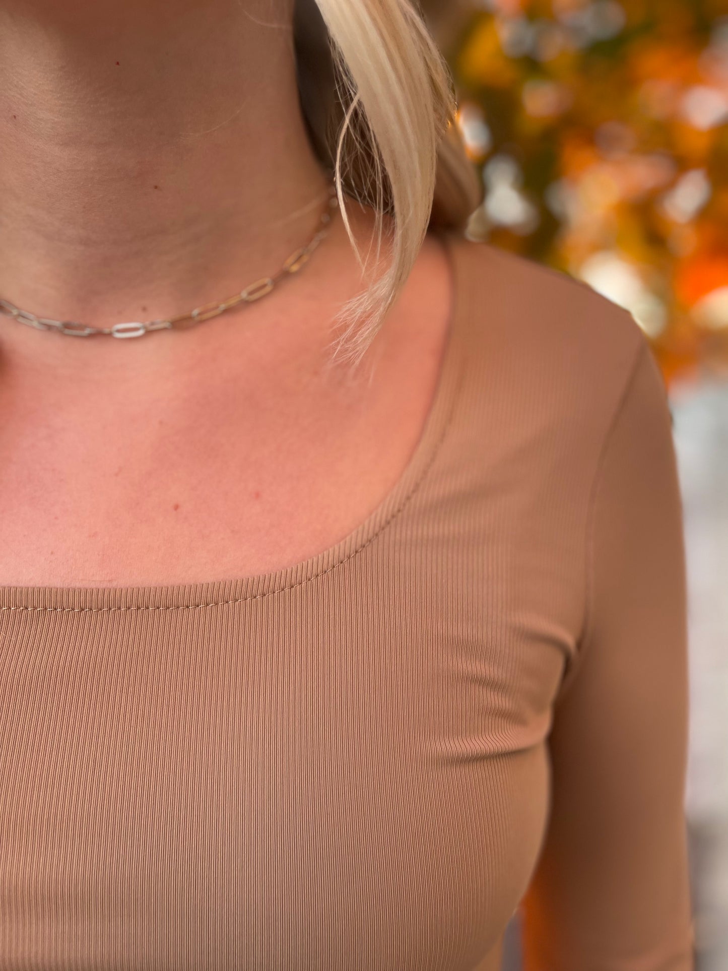 Going Out Like That Square Neck Tan Bodysuit