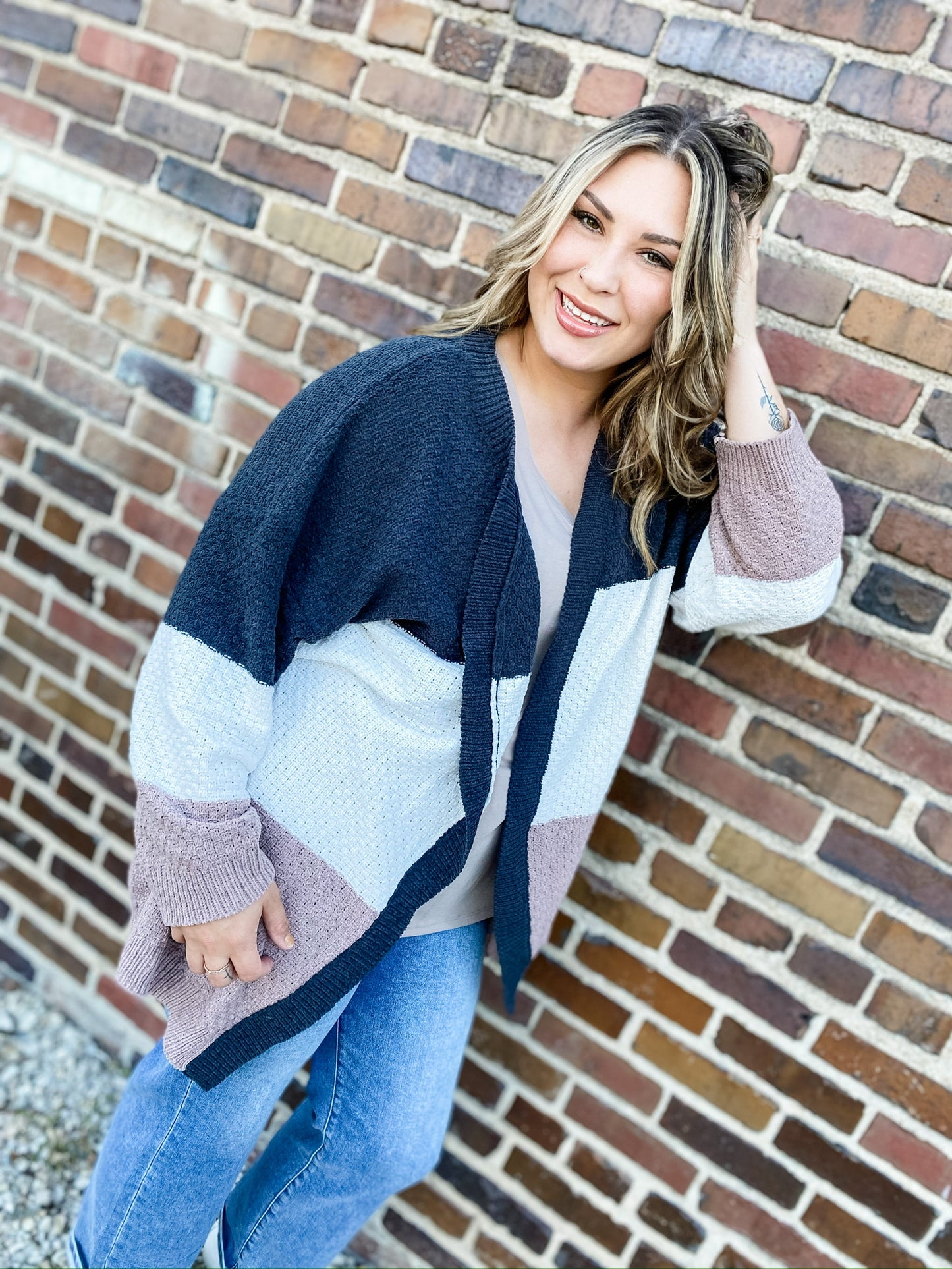 Autumn Day Curvy Charcoal Color Block Cardigan