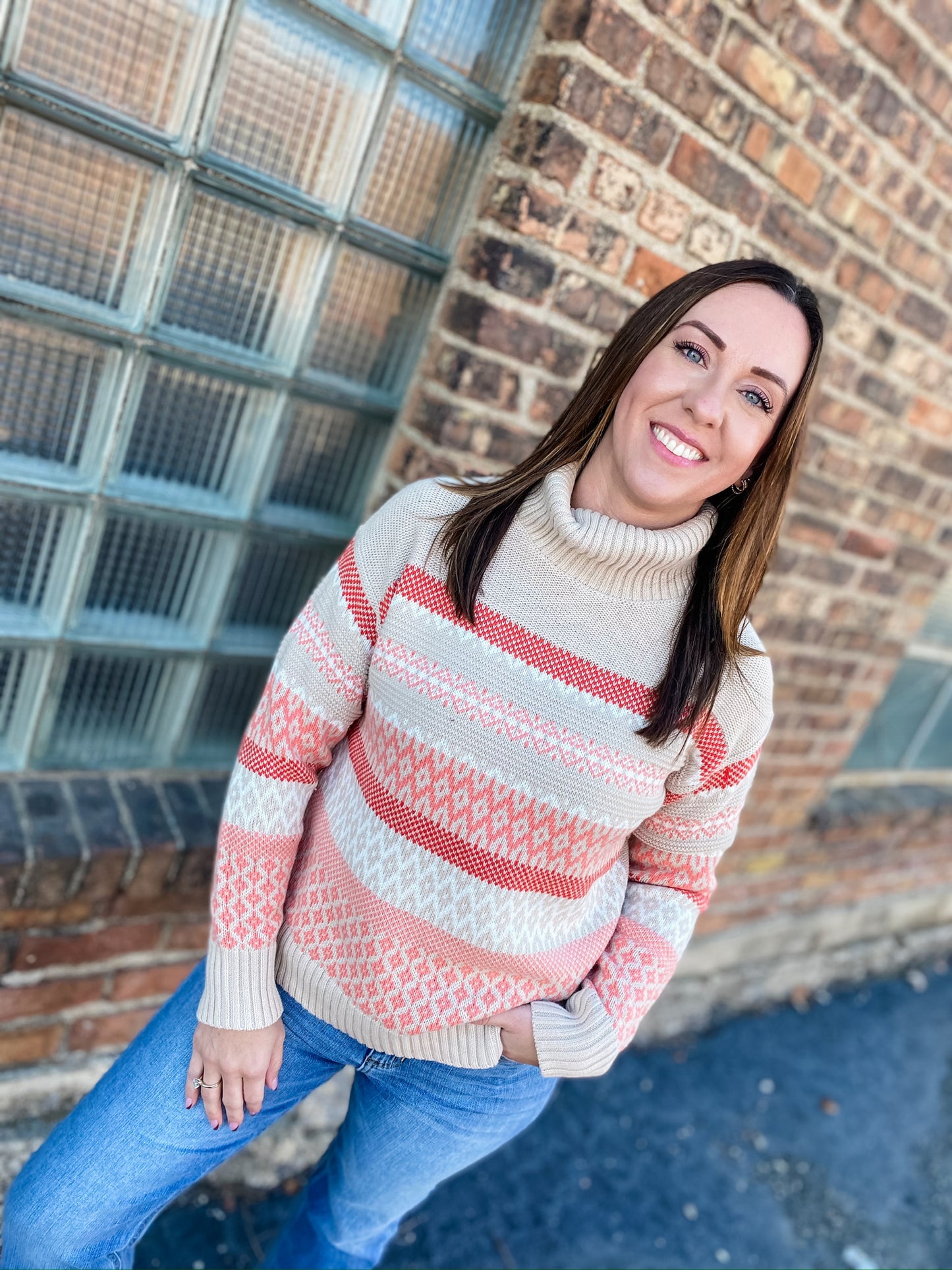Add a Pop Patterned Turtleneck Pullover Sweater