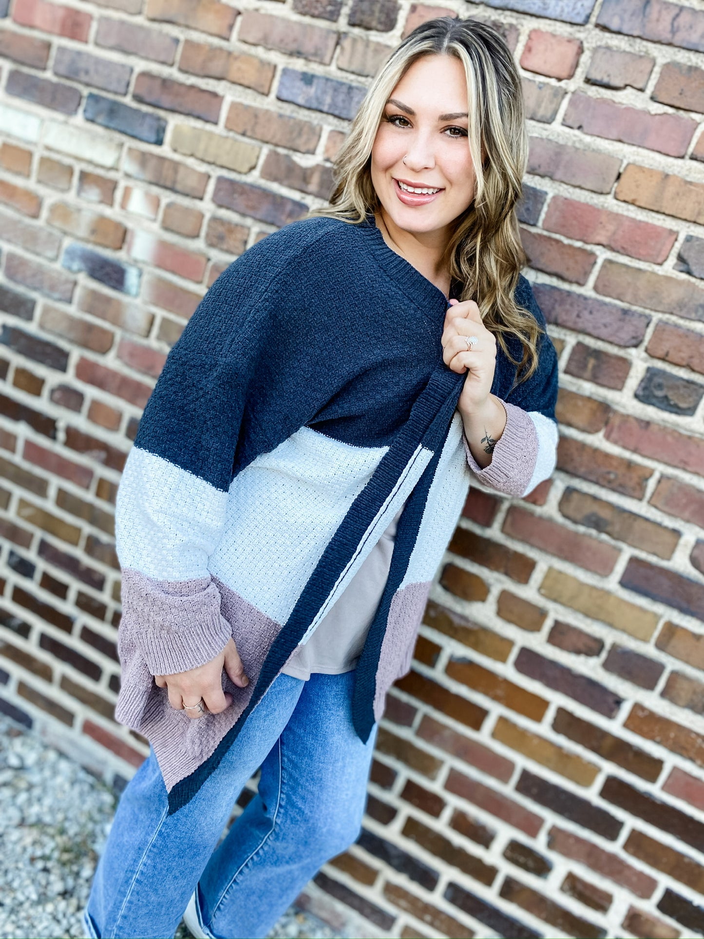 Autumn Day Curvy Charcoal Color Block Cardigan