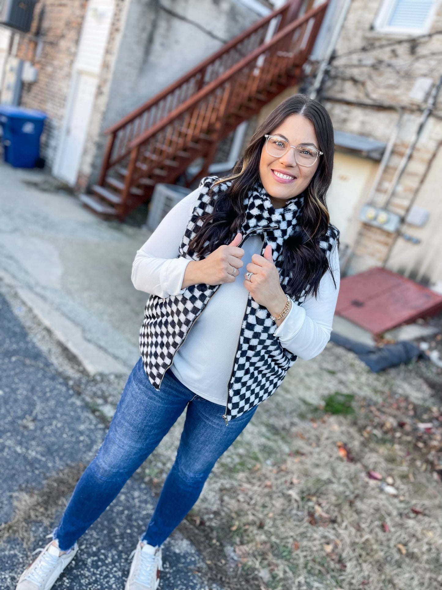 Say It Loud Black Checkered Fur Vest