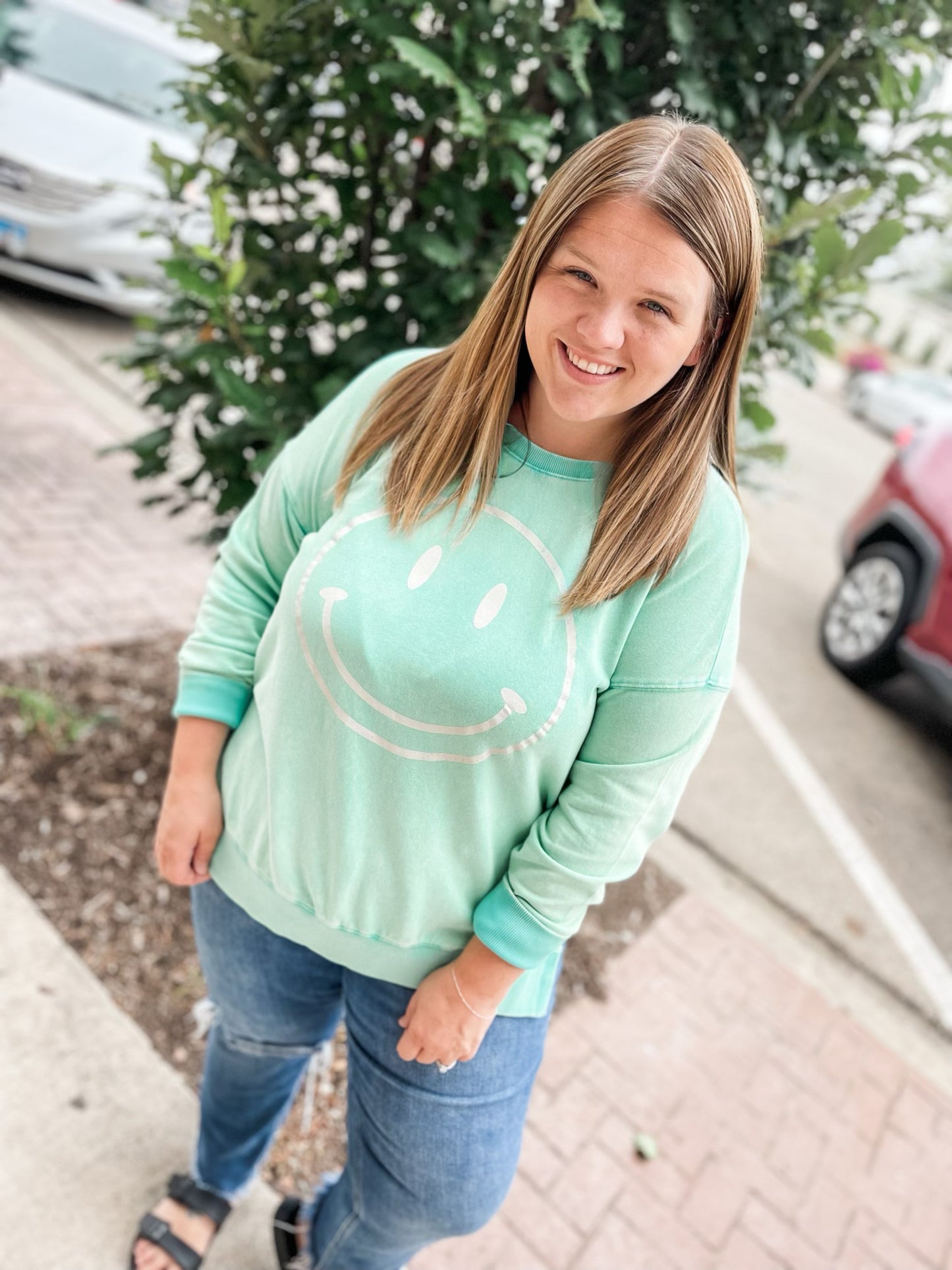 Team Player Green Smile Crewneck Top