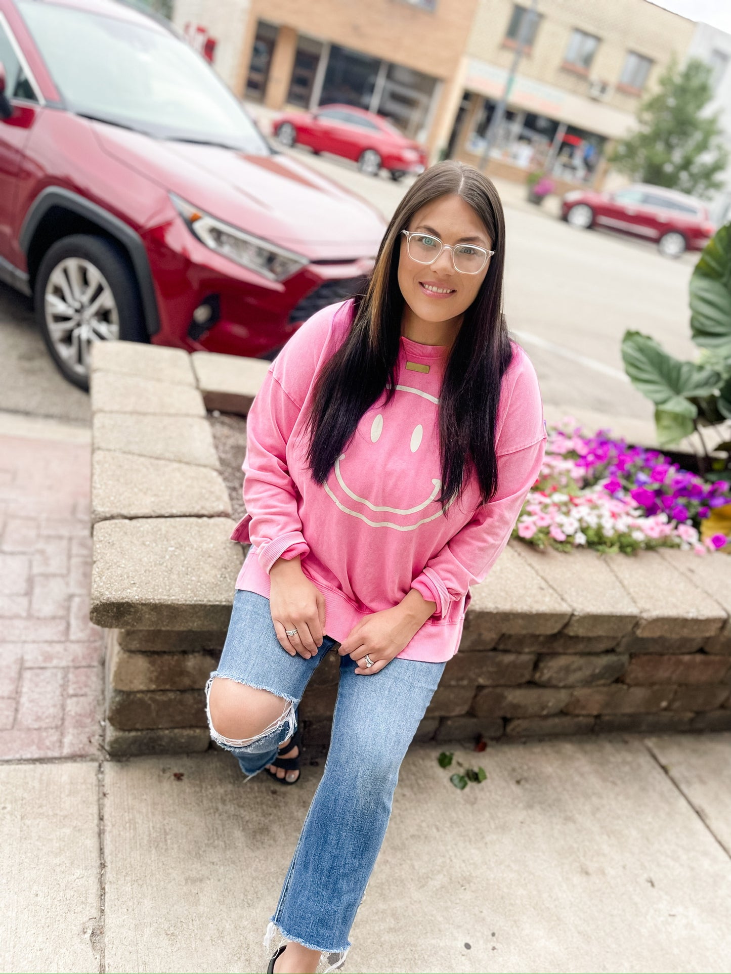 Team Player Pink Smile Crewneck Top
