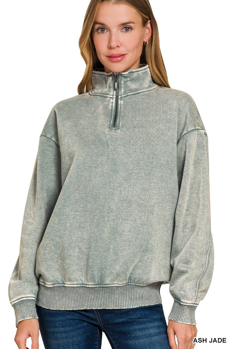 Ash Jade Acid Washed Half Zip - Modern Creek Boutique
