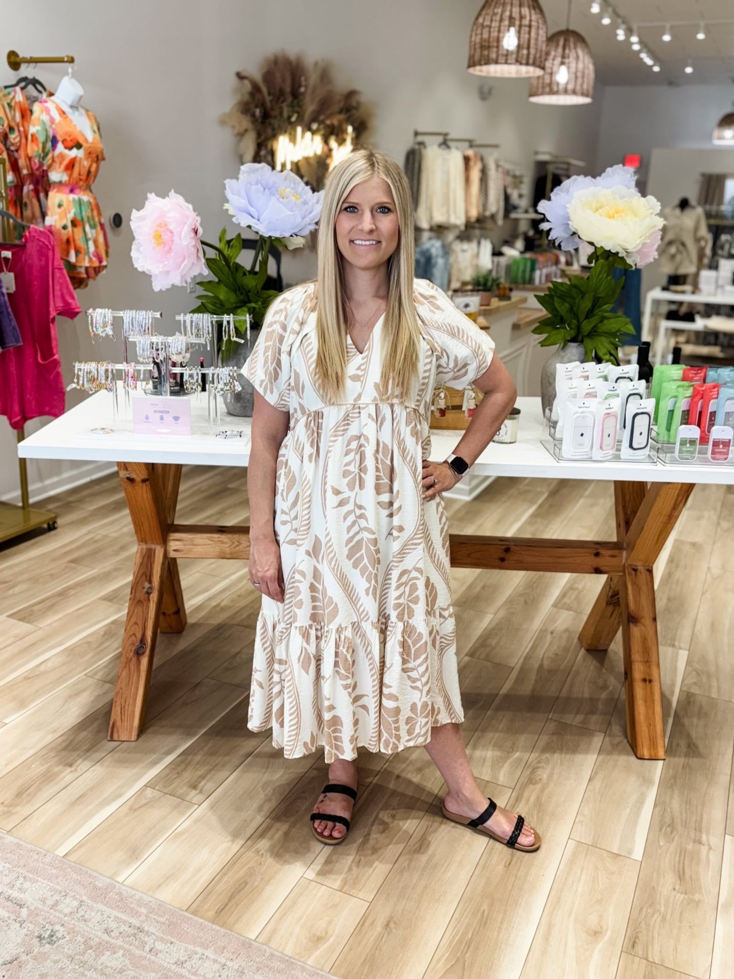 Beige Floral Midi Dress - Modern Creek Boutique
