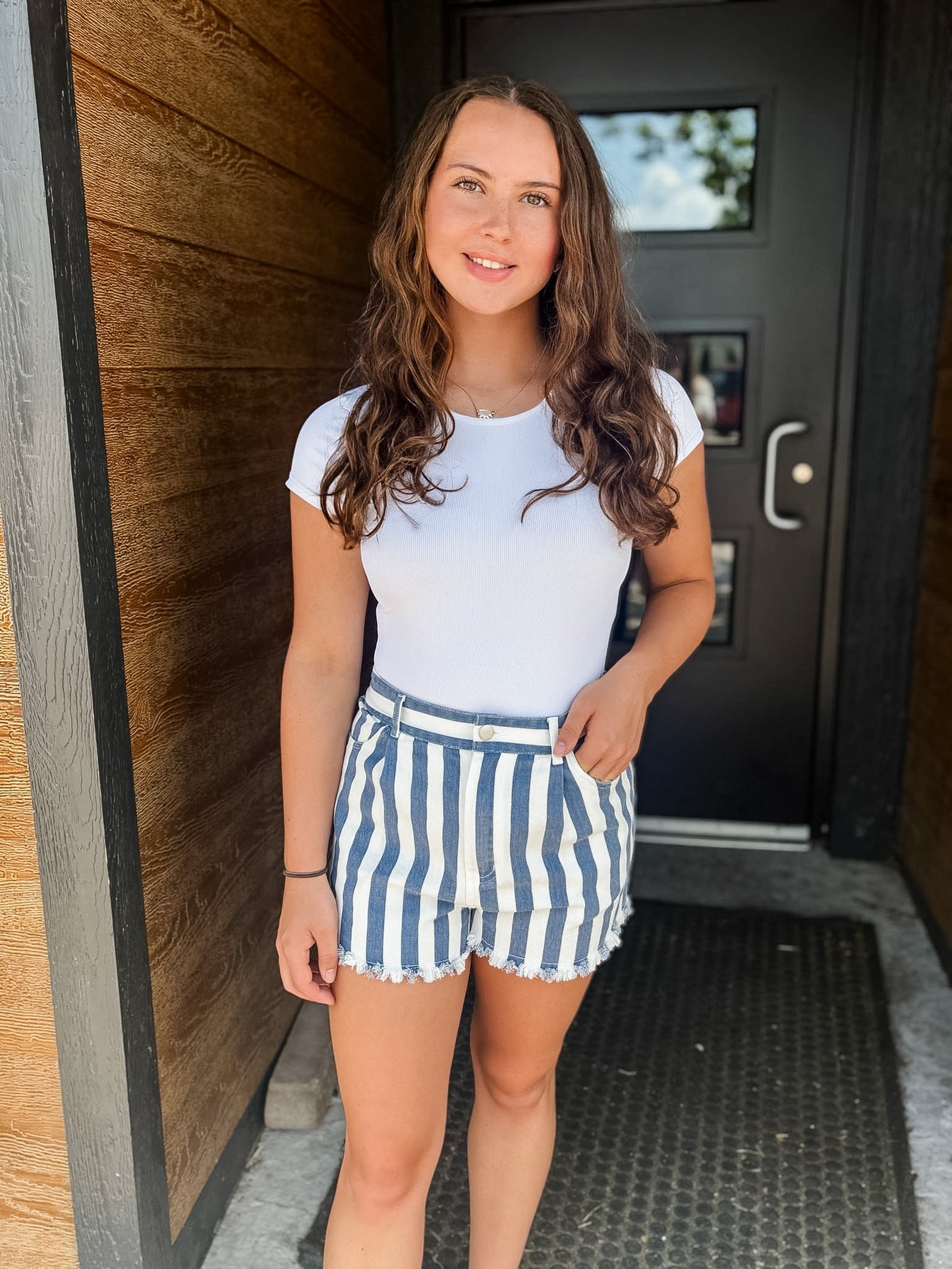 Blue And White Striped Denim Shorts - Modern Creek Boutique