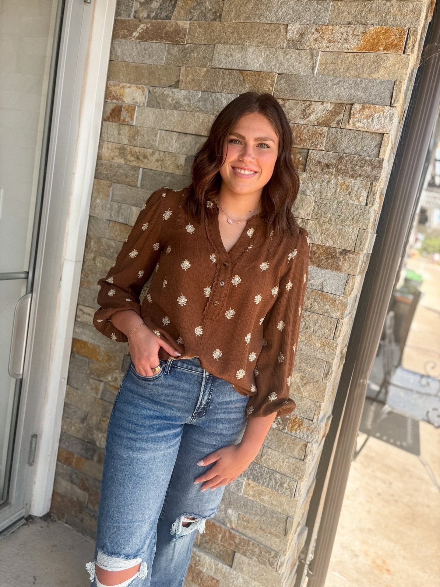 Brown Floral Scallop Trim Top - Modern Creek Boutique