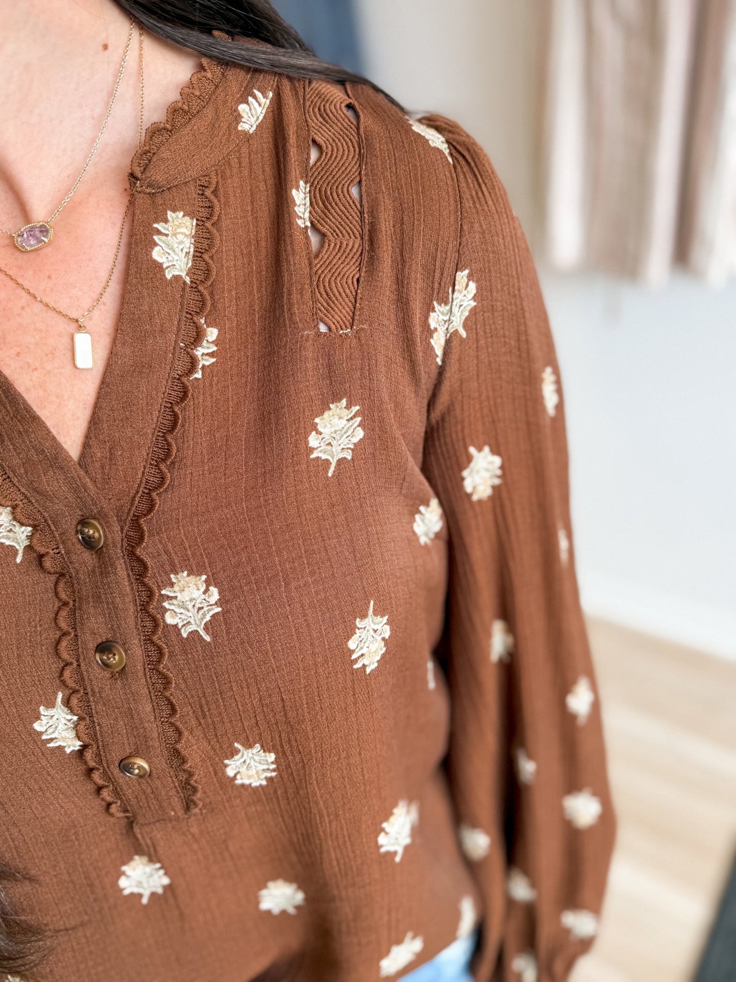 Brown Floral Scallop Trim Top - Modern Creek Boutique