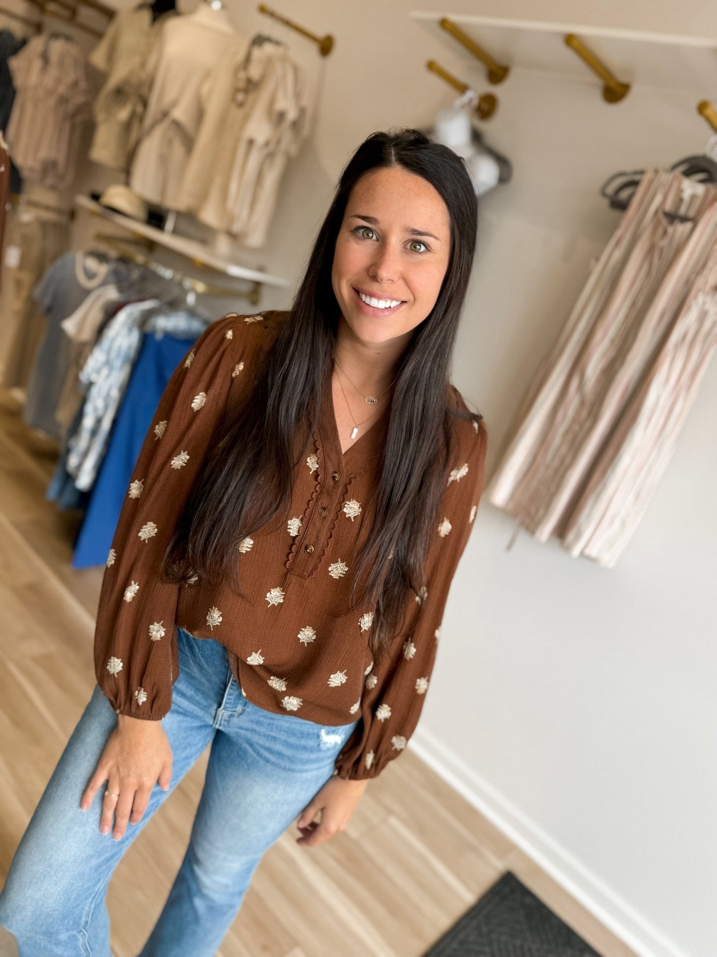 Brown Floral Scallop Trim Top - Modern Creek Boutique