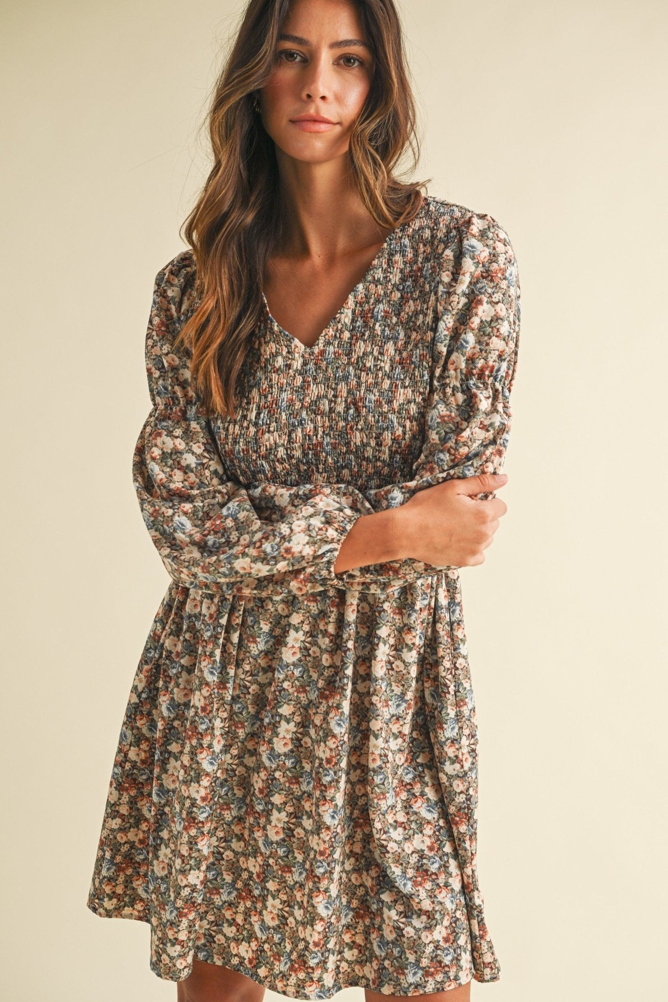 Brown Vintage Flower Print Mini Dress - Modern Creek Boutique
