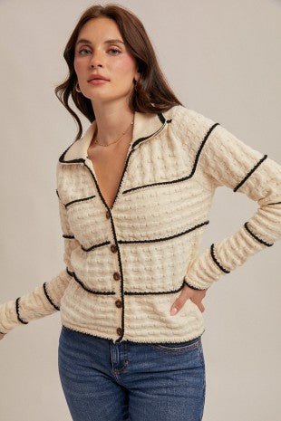Cream Striped Textured Collared Cardigan - Modern Creek Boutique