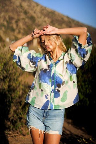 Green Abstract Balloon Sleeve Blouse - Modern Creek Boutique