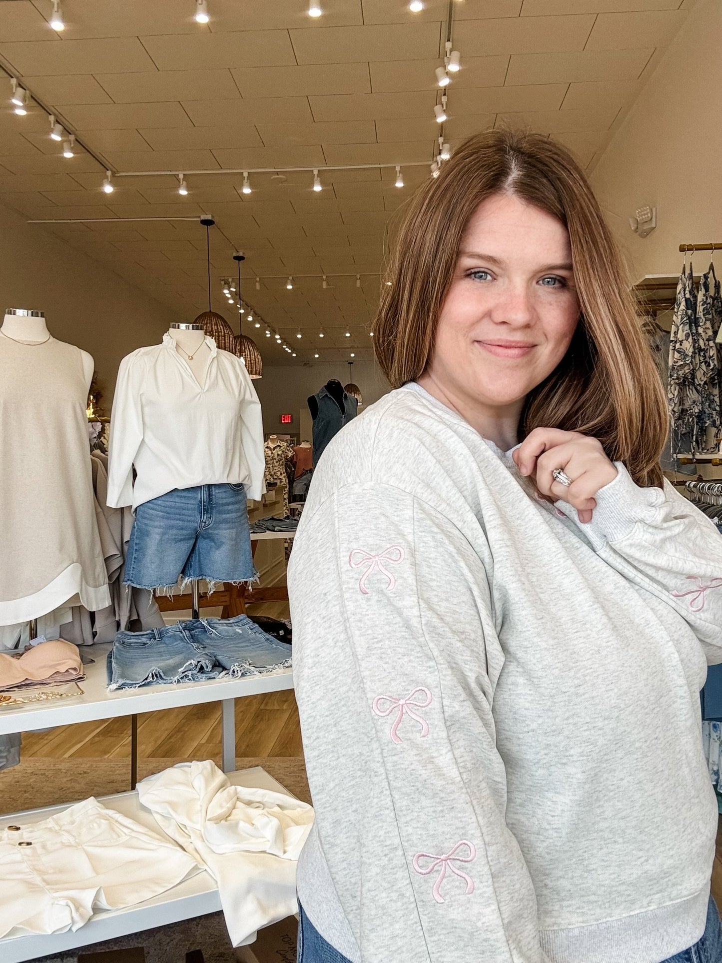 Grey Crewneck Long Sleeve Bow Top - Modern Creek Boutique