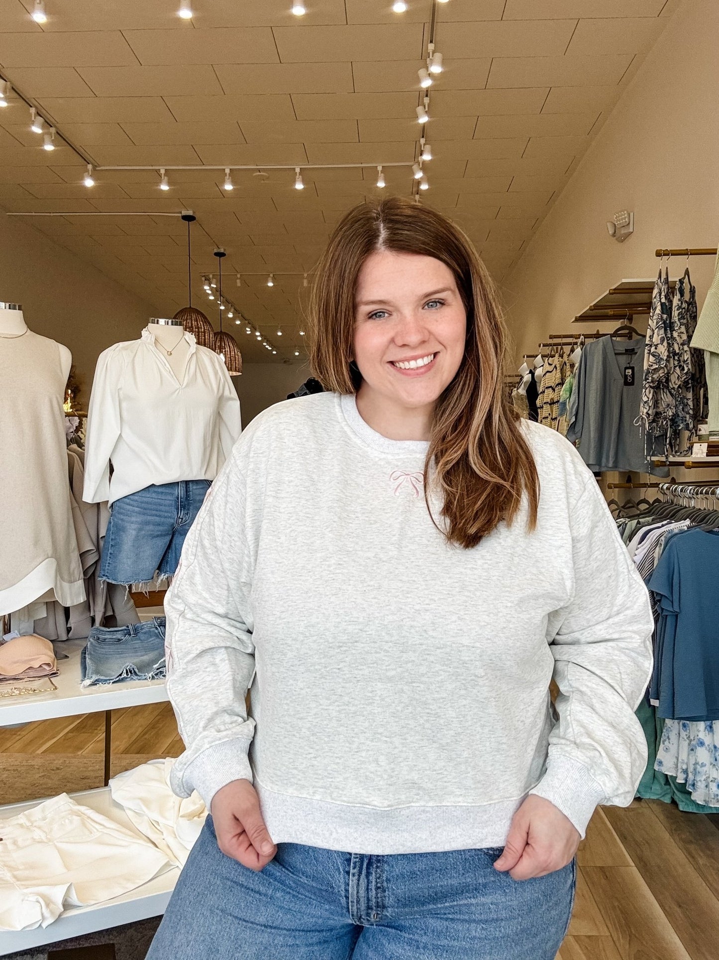 Grey Crewneck Long Sleeve Bow Top - Modern Creek Boutique