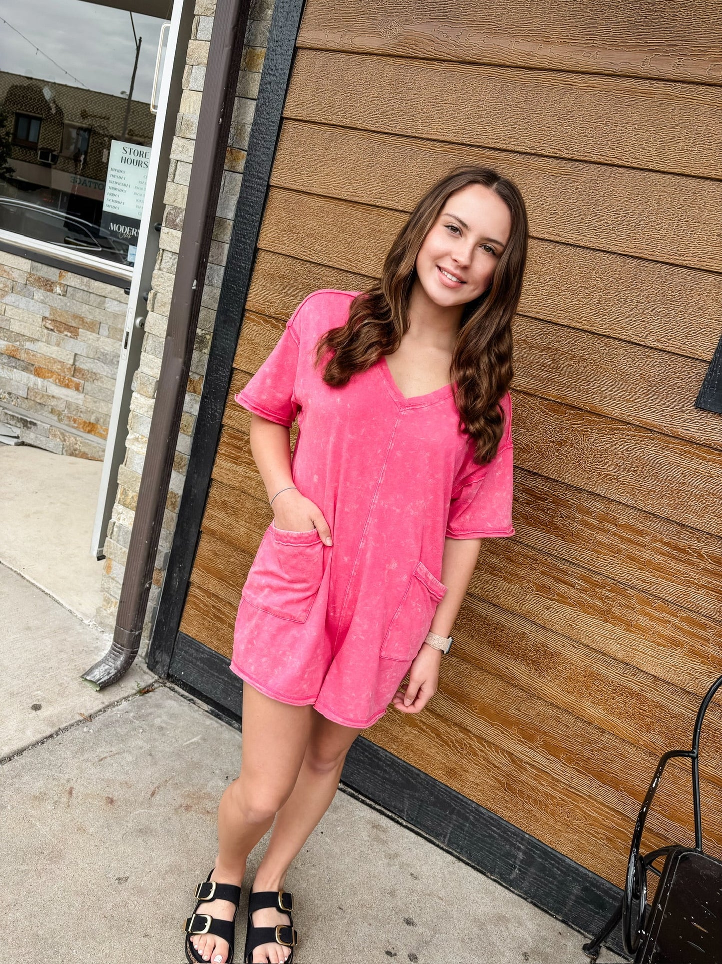 Hot Pink Mineral Washed T-Shirt Romper - Modern Creek Boutique