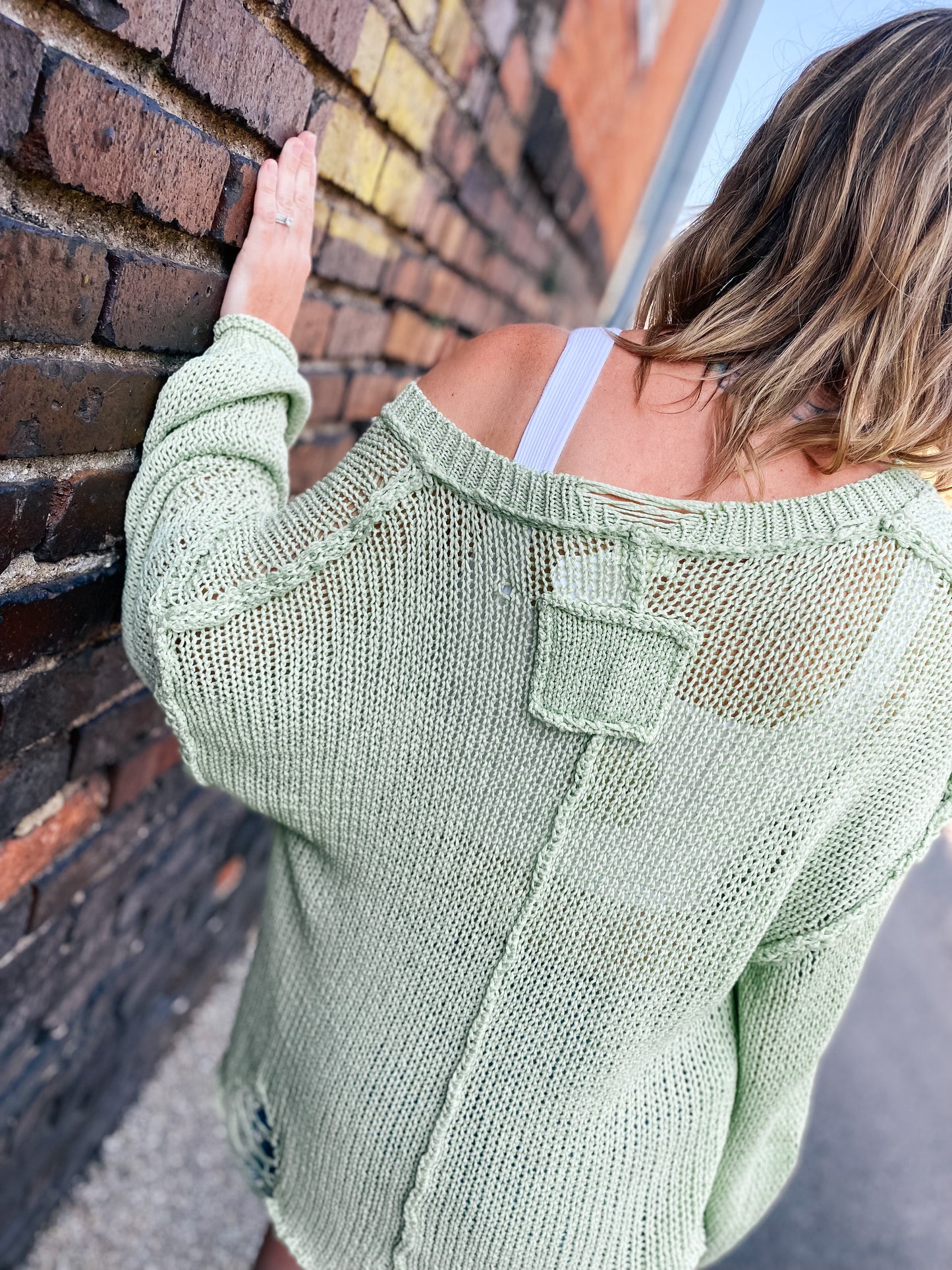 Vacay Vibes Lime Green Distressed Sweater