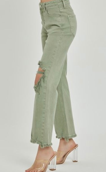 Temporary Escape Olive Distressed Denim