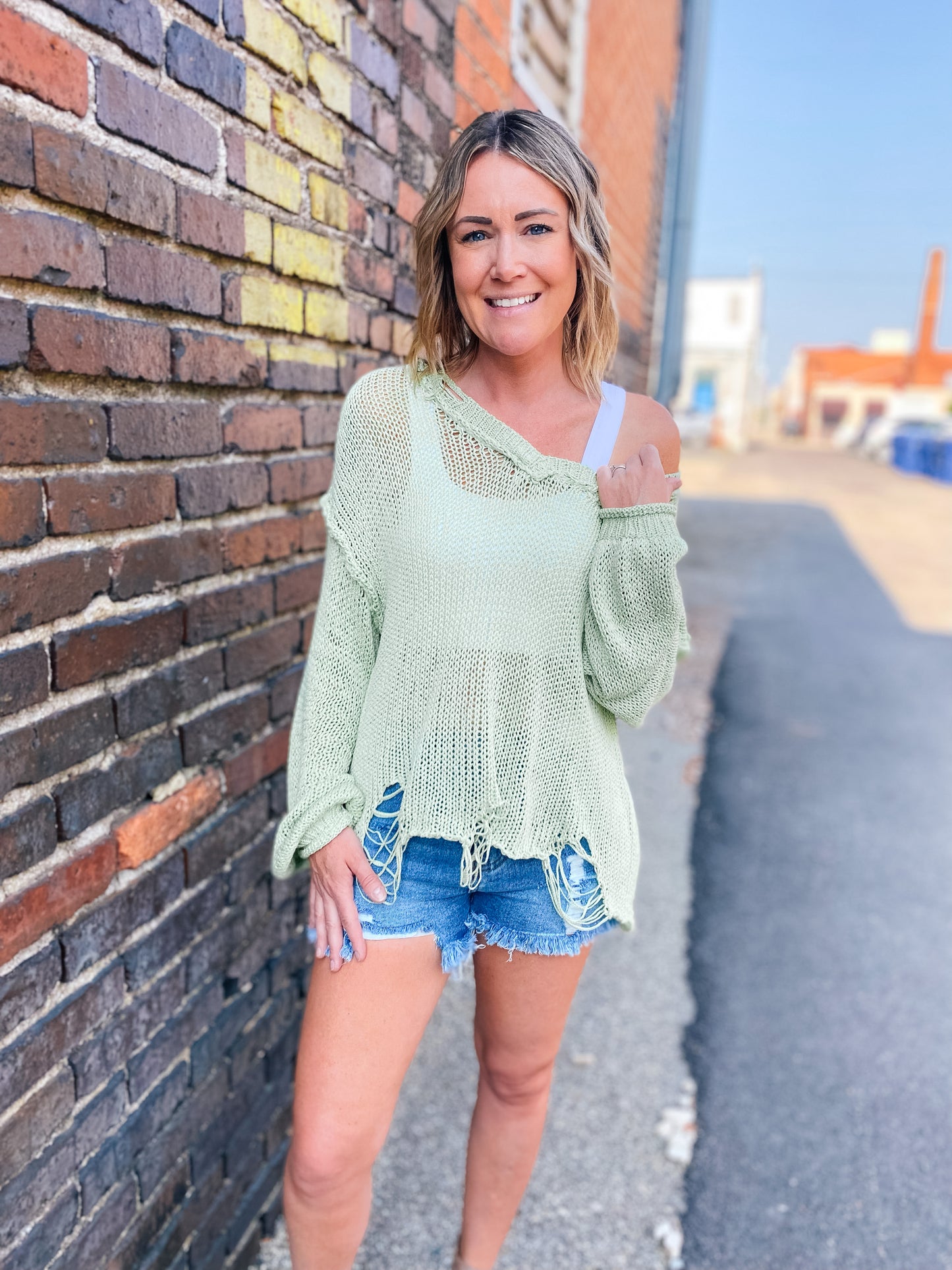Vacay Vibes Lime Green Distressed Sweater