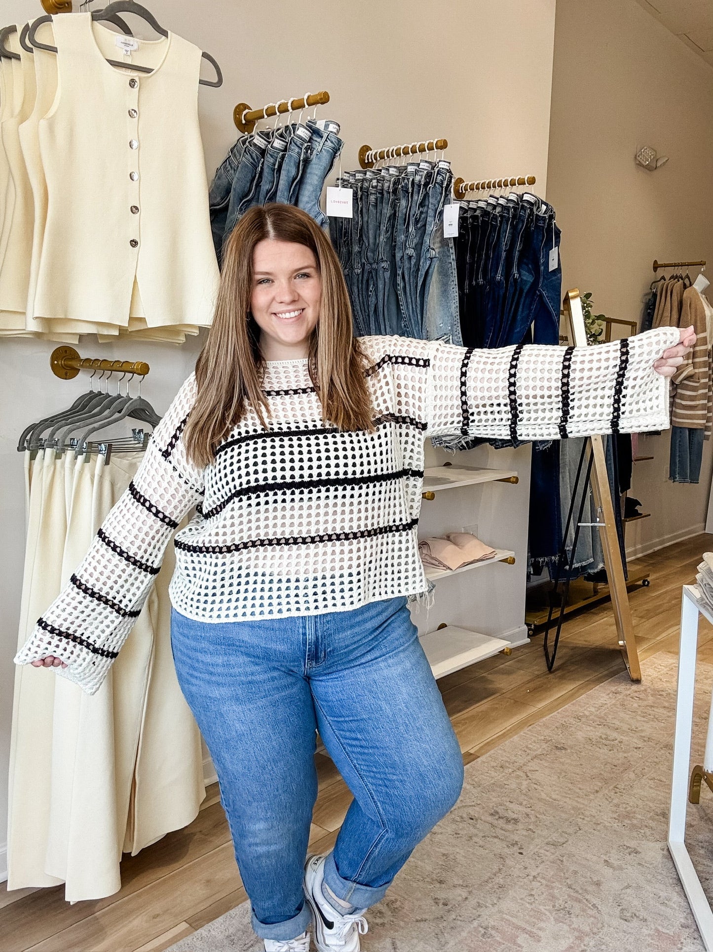 Ivory and Black Striped Boat Neck Sweater Top - Modern Creek Boutique
