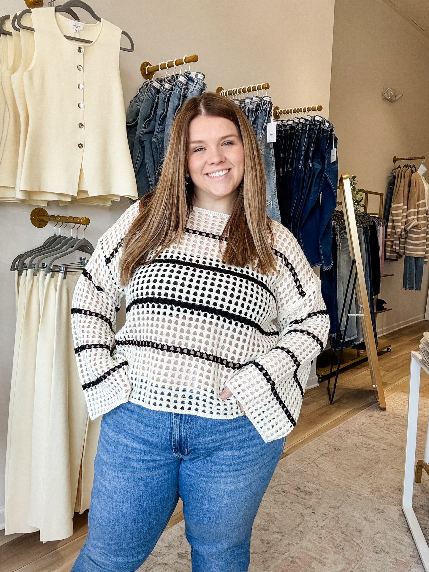 Ivory and Black Striped Boat Neck Sweater Top - Modern Creek Boutique