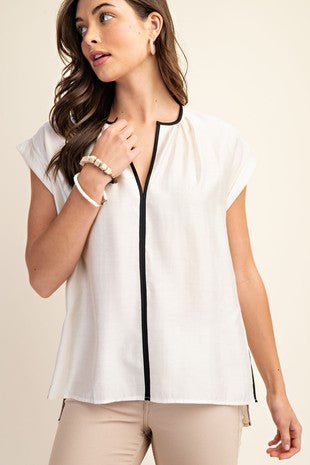 Ivory Contrast Piping Blouse - Modern Creek Boutique
