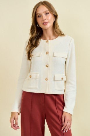 Ivory Gold Button Textured Jacket - Modern Creek Boutique