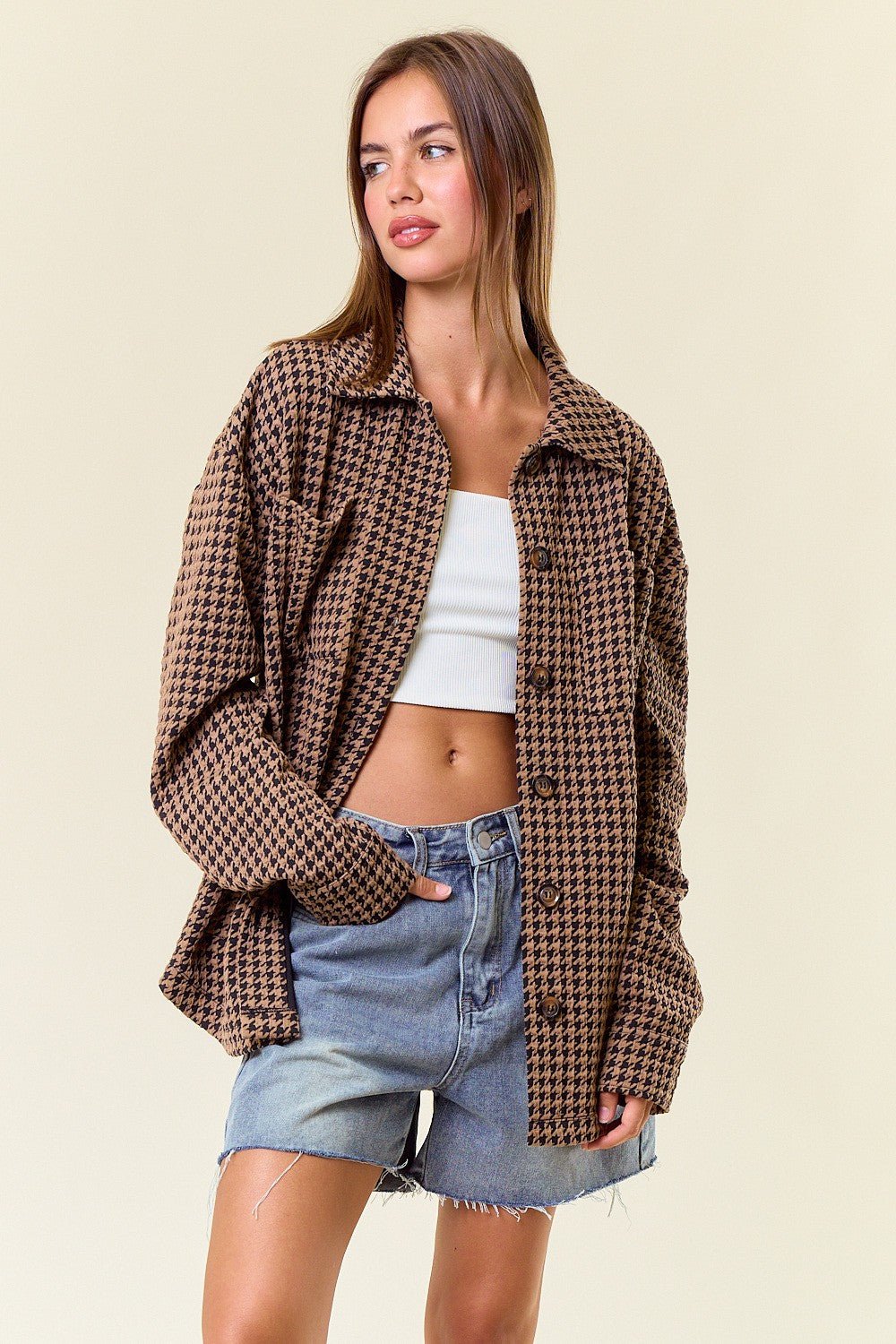 Latte Houndstooth Button Down Shacket - Modern Creek Boutique