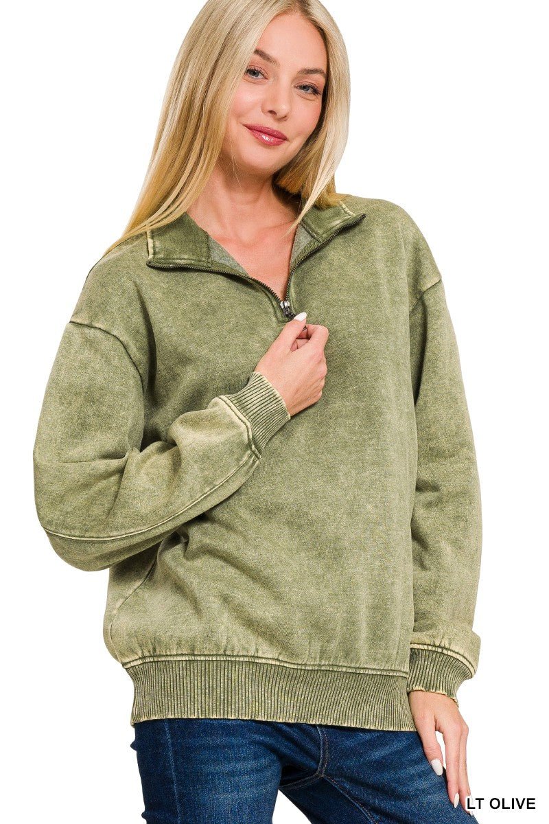 Light Olive Acid Washed Half Zip - Modern Creek Boutique