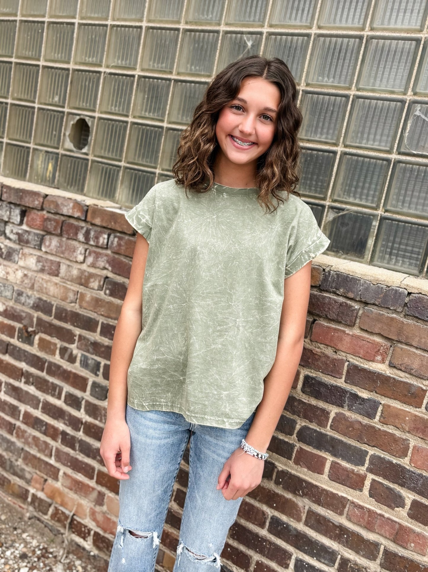 Light Olive Crinkle Wash Tee - Modern Creek Boutique