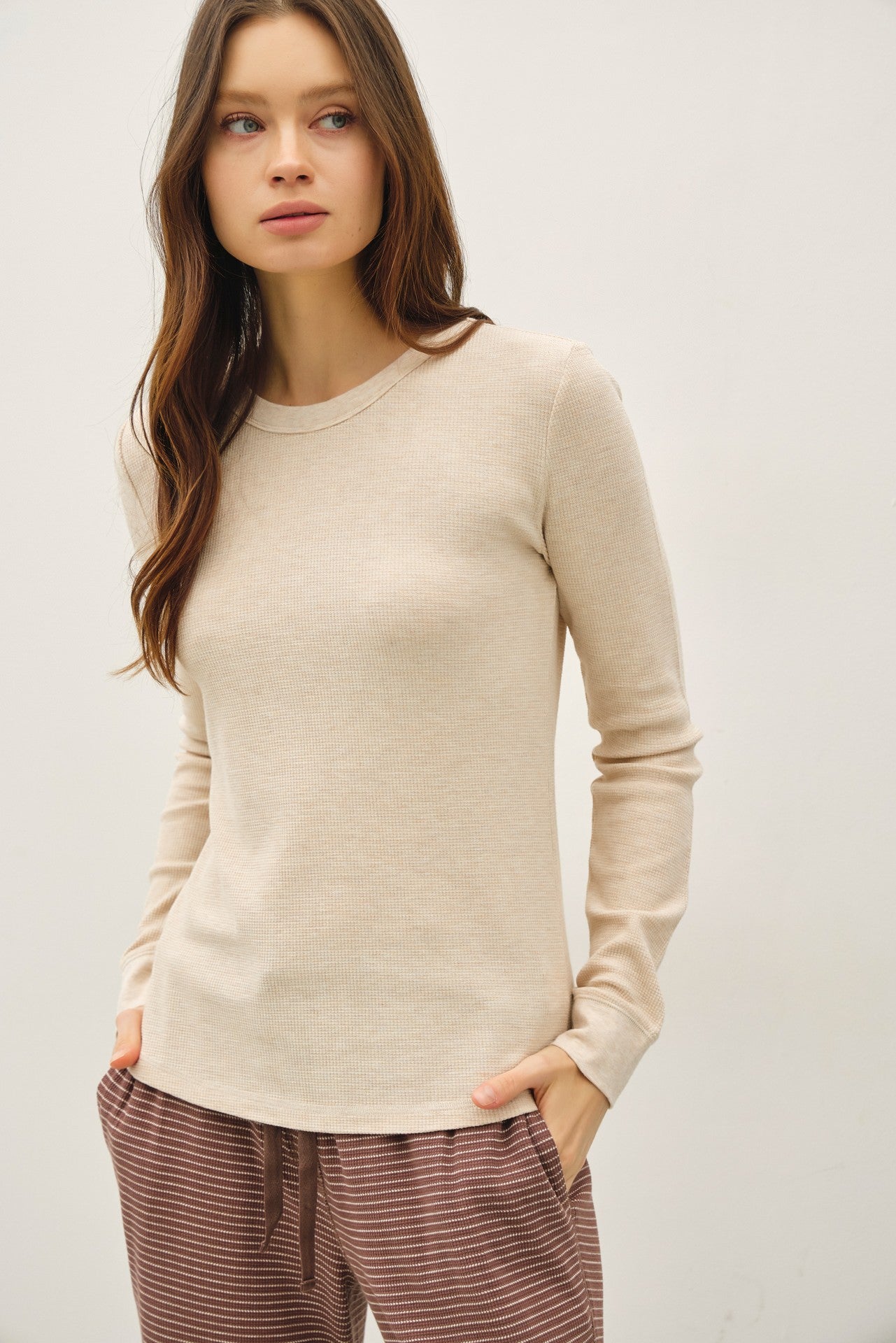 Oatmeal Striped Thermal Crewneck Top - Modern Creek Boutique