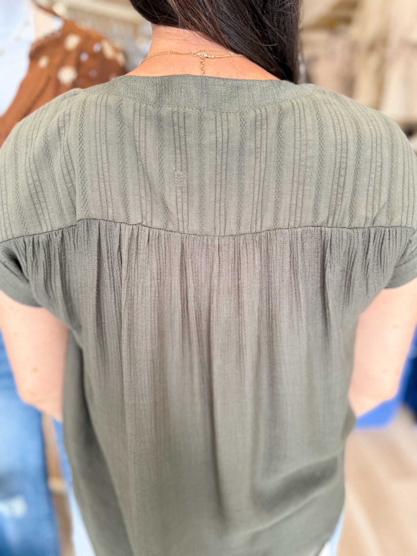 Olive Eyelet Trim Blouse - Modern Creek Boutique