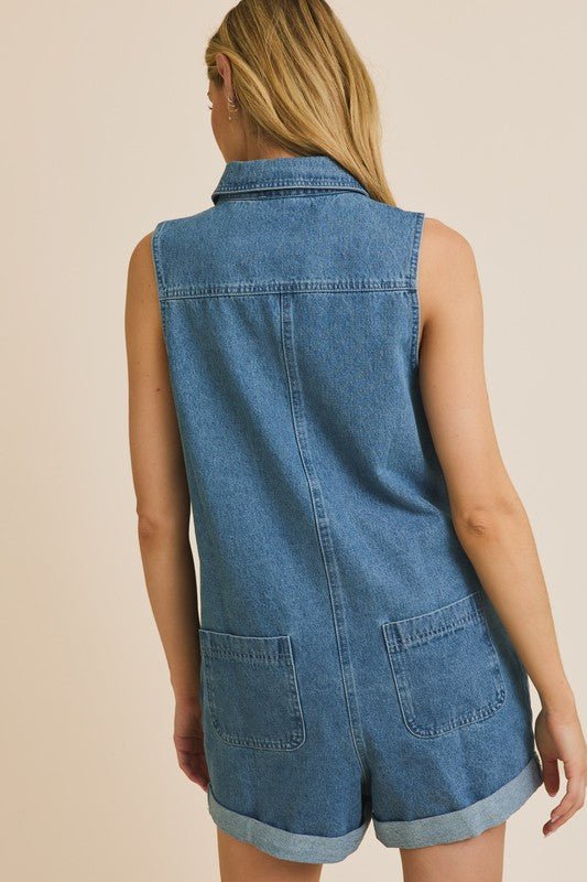 Sleeveless Denim Zip Up Romper - Modern Creek Boutique