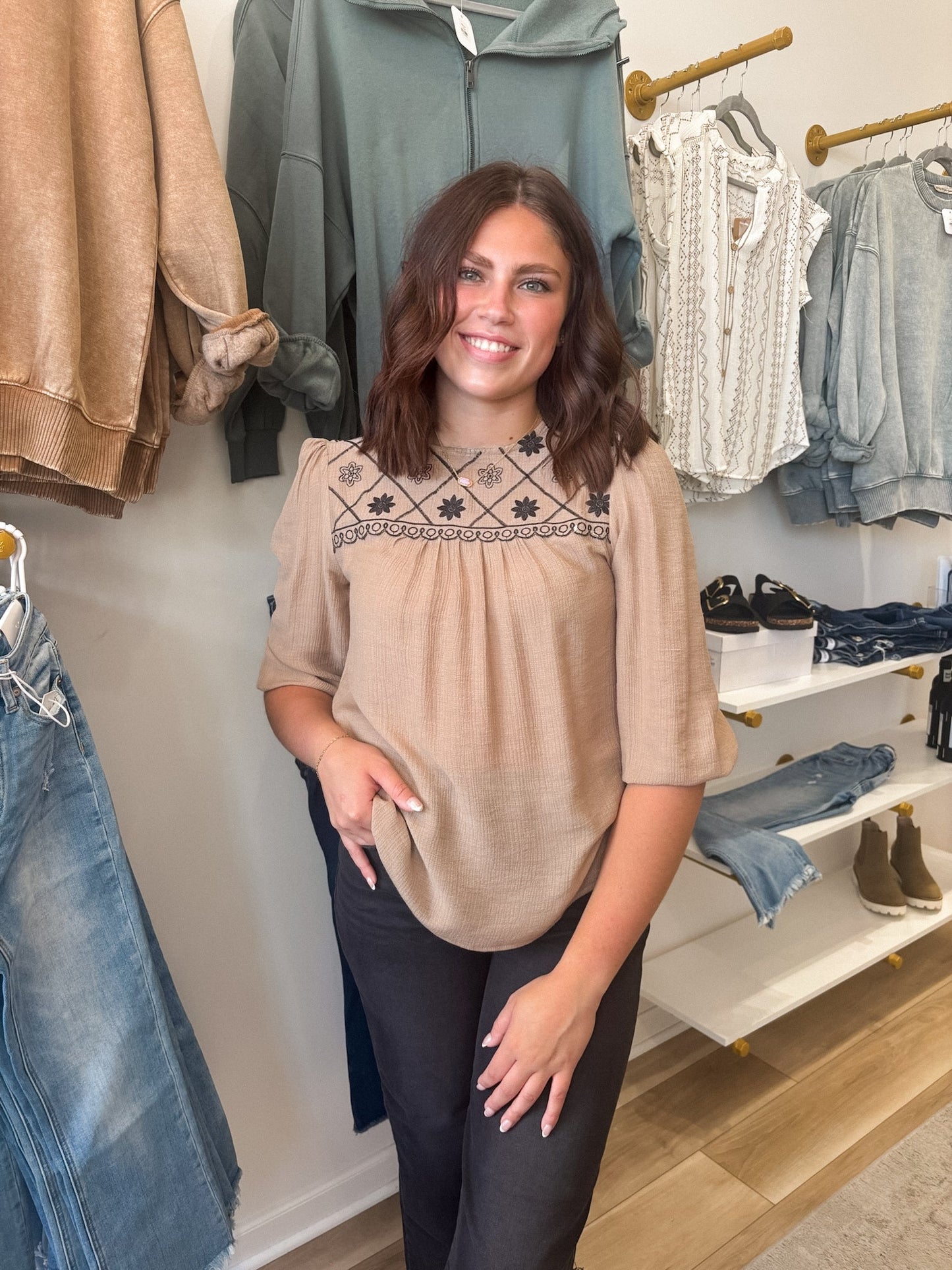 Taupe Floral Embroidered Blouse - Modern Creek Boutique