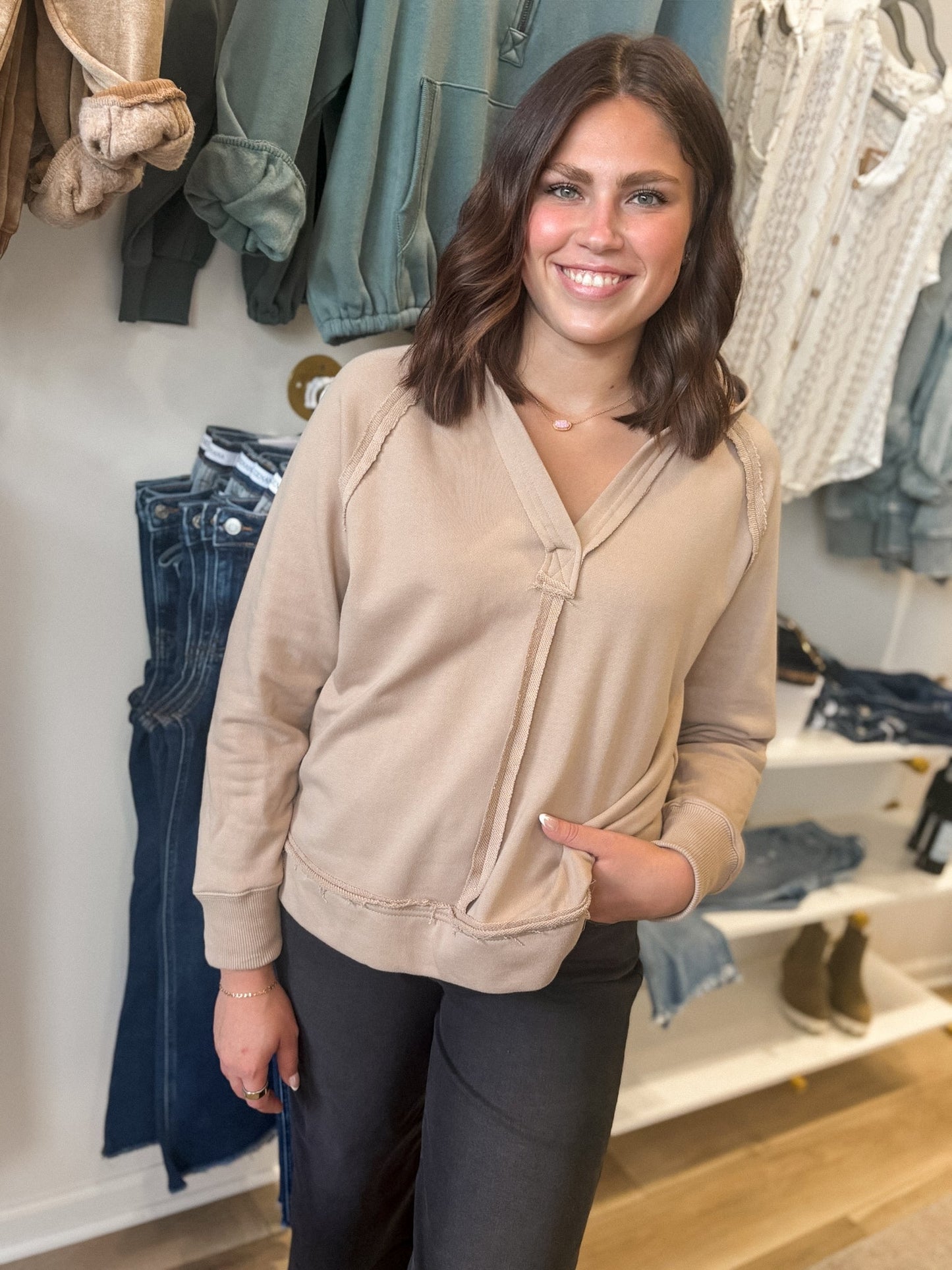 Taupe Raw Edge Hoodie - Modern Creek Boutique