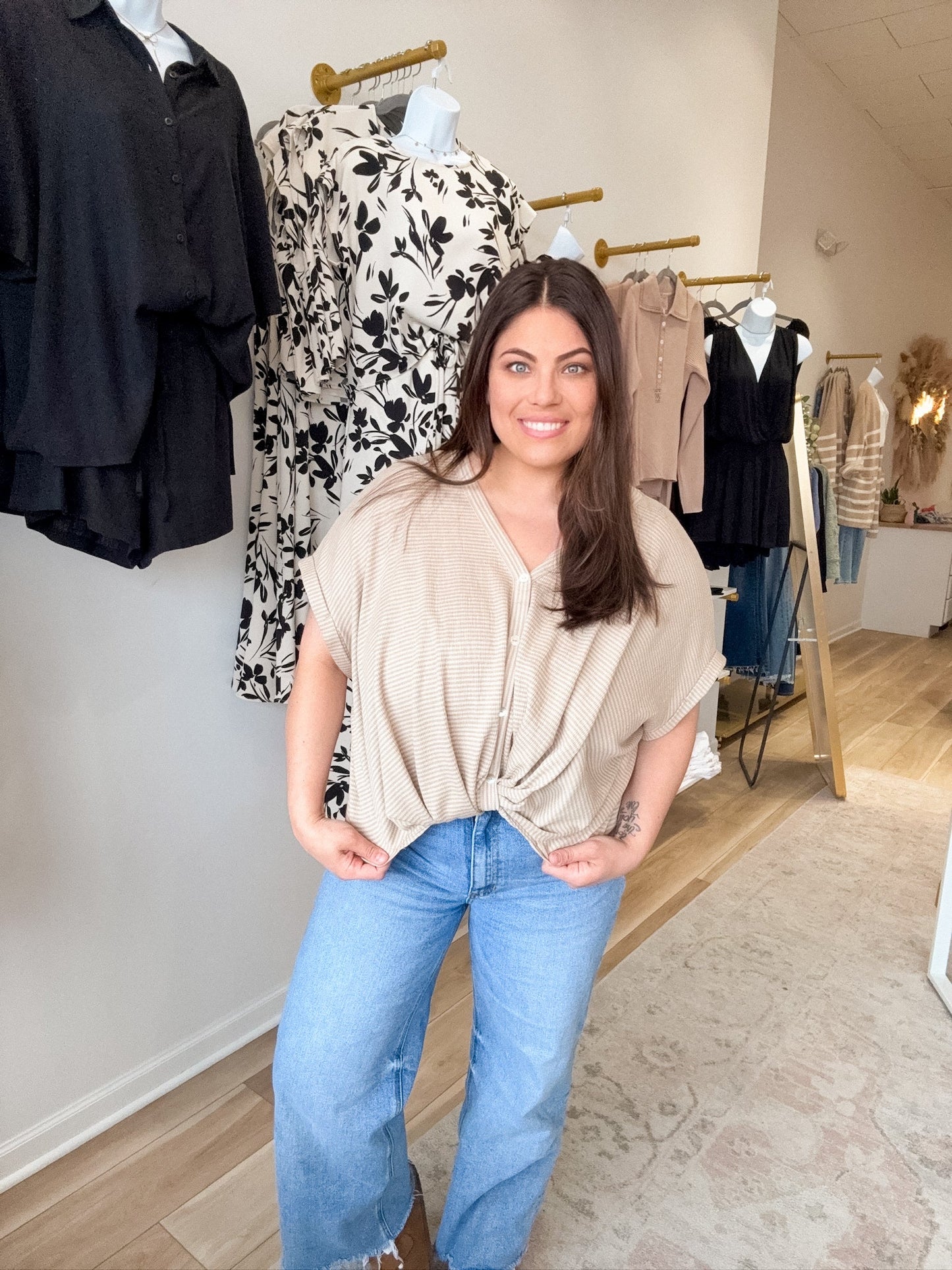 Taupe Striped V - Neck Button Up Top - Modern Creek Boutique