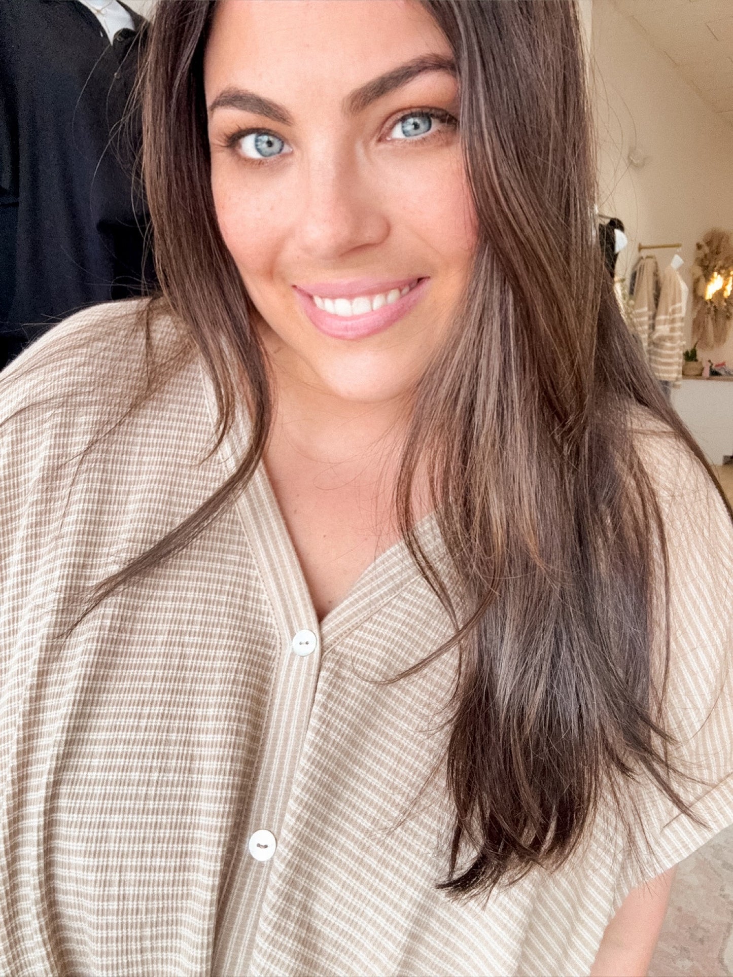 Taupe Striped V - Neck Button Up Top - Modern Creek Boutique
