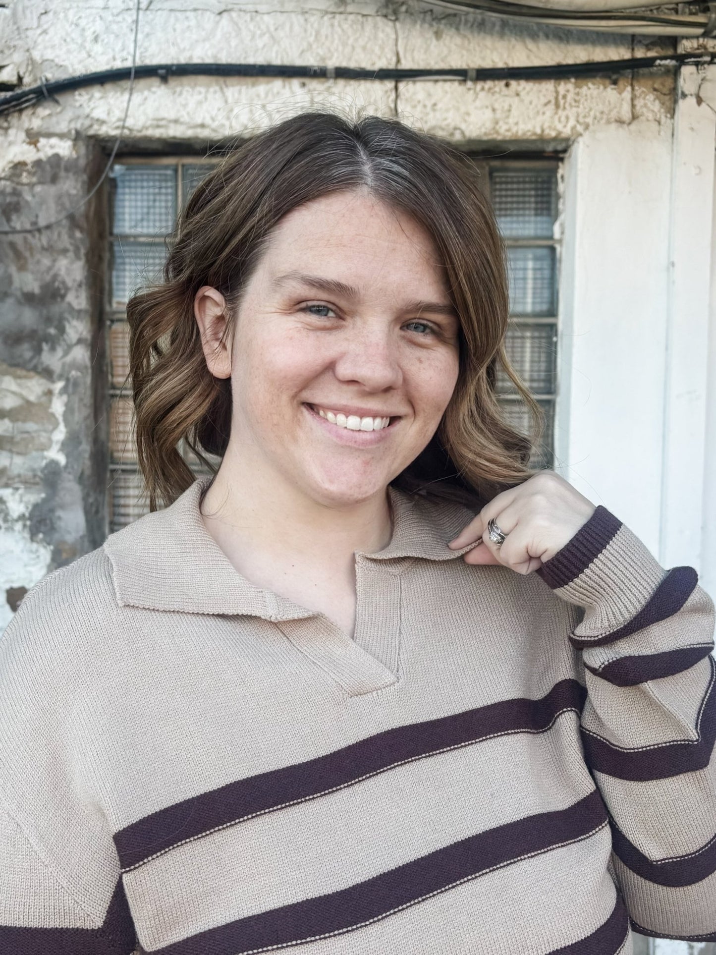 Taupe Striped Vneck Polo Sweater - Modern Creek Boutique