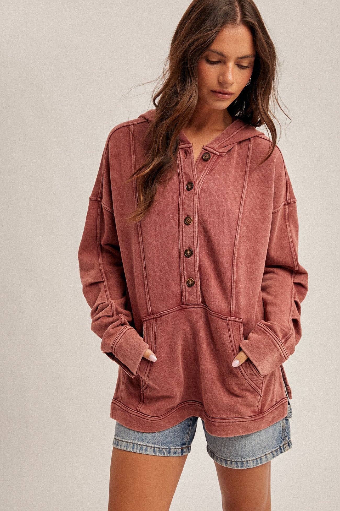 Washed Burgundy Terry Tunic Hoodie - Modern Creek Boutique