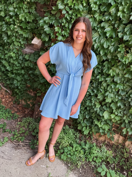 Blue Front Tie Mini Dress