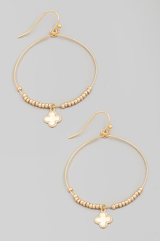 Gold Clover Charm Hoop Drop Hook Earrings