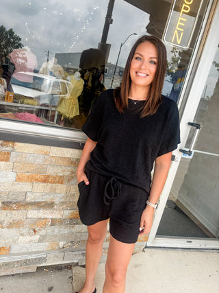 Black Textured Knit Shorts Set