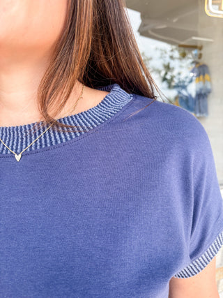 Navy Ribbed Neck Contrast Top