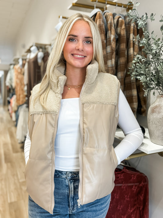 Work It Taupe Faux Leather Sherpa Mix Vest