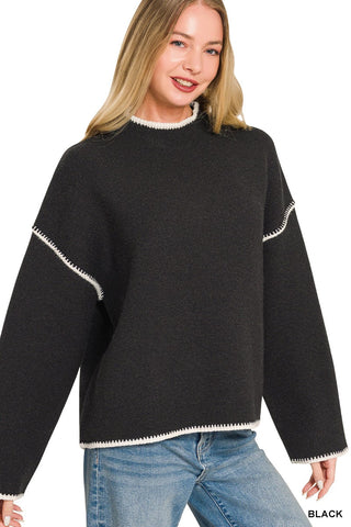 Black Mock Neck Stitch Detailed Sweater
